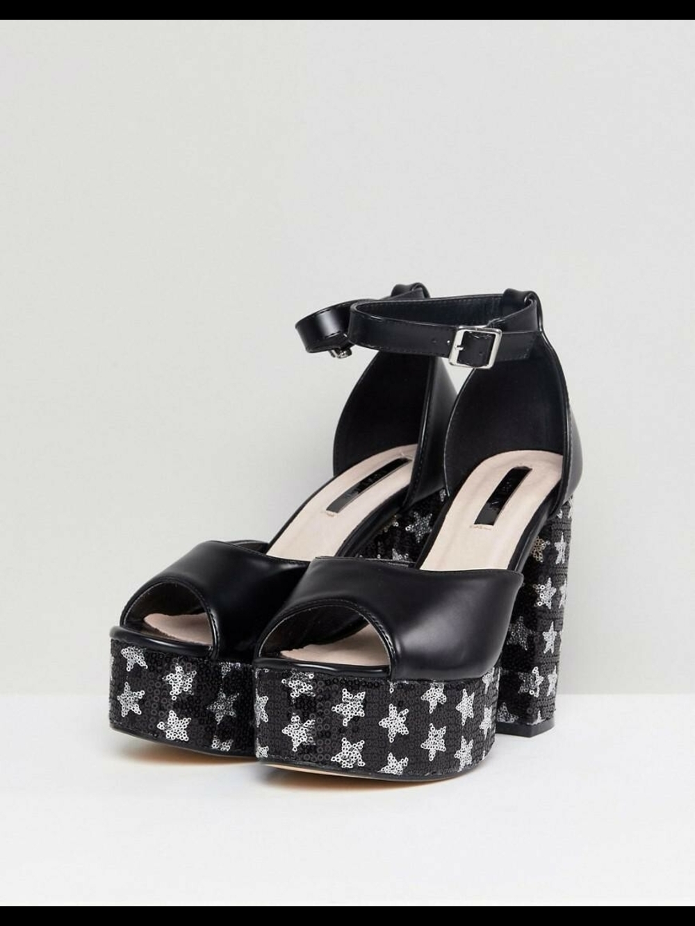 Black Star-Sequin Platform Peep-Toe Ankle-Strap platform Heels